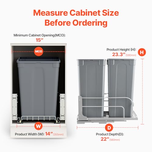 VEVOR Pull-Out Trash Can, 50 QT x2 Double Under Mount Kitchen Waste Container, Heavy Duty Garbage Recycling Bin with Door Kit and Soft Close Slide, for Kitchen Cabinet, Sink, Under Counter (Grey) - size: 100 QT (50 QT x 2), style: With Soft Close