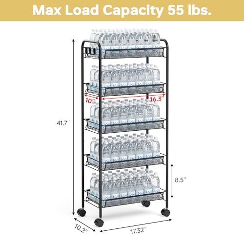 TOOLF 5 Tier Rolling Cart, Metal Utility Storage Cart with Wheels, Black - color: Black, size: 5-Tier