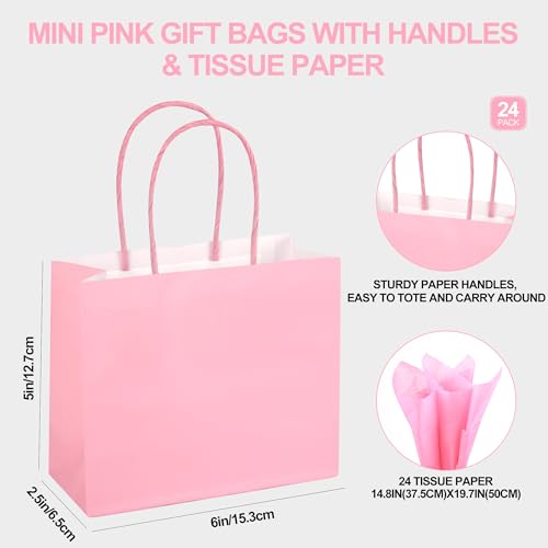 DjinnGlory 24 Pack Mini Tiny Small Pink Paper Gift Bags with Handles 6x5x2.5 Inch and 24 Tissue Paper for Wedding Baby Shower Princess Birthday Party Favors Goodies - color: Pink