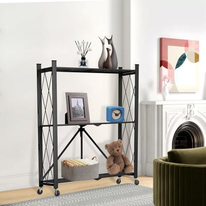 3 Tier Foldable Storage Shelf with Wheels Garage Shelving - color: Black, size: 3 Tier