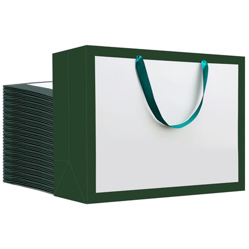 EUSOAR Large Gift Bags with Handles, 50pcs 16"x6"x12" Paper Wrap Bags Bulk, Merchandise Business Craft Grocery Retail Wrapping Thank You Bag for Wedding Birthday Party Favor Favor Bags-White/Green - color: White/Green