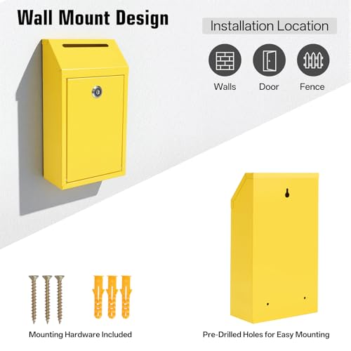 Sumerfnt Locking Cash Box with Lock and Slot, Metal Money Donation Box with 4 Keys Wall Mount, Cash Drop for Farm Stand Supplies, Self-Serve Stand, Tips, Fundraising, Yellow - color: Yellow