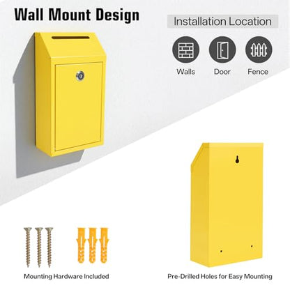 Sumerfnt Locking Cash Box with Lock and Slot, Metal Money Donation Box with 4 Keys Wall Mount, Cash Drop for Farm Stand Supplies, Self-Serve Stand, Tips, Fundraising, Yellow - color: Yellow