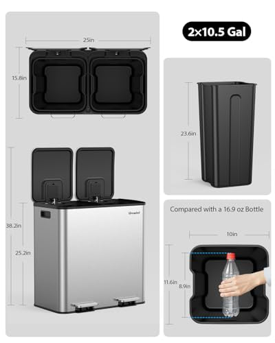 Lovewind Trash Can, 2 x 10.5 Gallon (2 x 40 L) Garbage Can for Kitchen Dual Compartment Recycling Kitchen Step Trash Bin, Stainless Steel Trash and Recycle Bin Combo with Soft-Close Lid, Silver - color: Silver