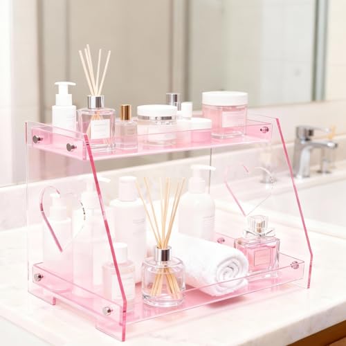 ROYALITA 2 Tier Pink Heart Bathroom Countertop Organizer Display Shelf - color: Pink