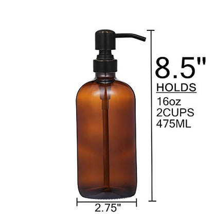 2 Pack 16 Ounce Boston Round Glass Bottles Soap Dispenser with Oil Rubbed Bronze Stainless Steel Pumps - color: Black and Clear