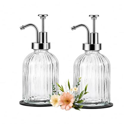 SheeChung 12oz Clear Glass Liquid Soap Dispenser,Silver Pump,Striped,2 Pack - color: Clear, Silver Pump, 2pcs