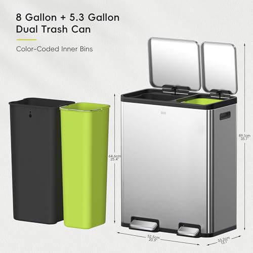 EKO EcoCasa Stainless Steel Dual Step Trash Can for Recycling, 30L+20L Rectangular Kitchen Trash Can, Independent Pedals and Lids, Soft Close and Fingerprint Resistant - color: Stainless Steel, size: 30L+20L