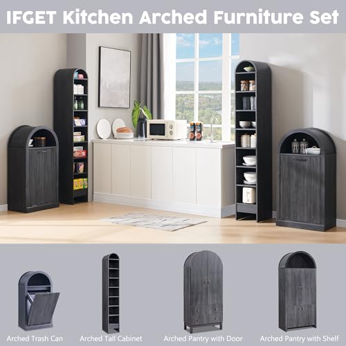 IFGET Arched Tilt-Out Trash Can Cabinet, Fluted 10 Gallon Trash Can with Open Shelf, Modern Laundry Hamper Cabinet, Hidden Garbage Can with Storage Basket for Kitchen, Living Room, Dark Grey - color: Dark Grey