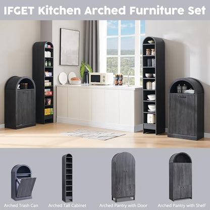 IFGET Arched Tilt-Out Trash Can Cabinet, Fluted 10 Gallon Trash Can with Open Shelf, Modern Laundry Hamper Cabinet, Hidden Garbage Can with Storage Basket for Kitchen, Living Room, Dark Grey - color: Dark Grey