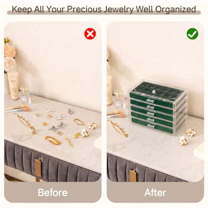 Frebeauty Acrylic Jewelry Box for Earrings,Jewelry Organizer with 5 Drawers - color: Blackish Green