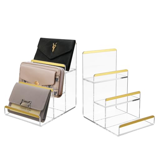 2 Pack 3-Tier Purse Display Stands, Acrylic Wallet Holder Risers Stand, 2-Inch Spacing Clear Clutch Rack Handbag Display Shelf, 4MM Thick Counter Wallet Organizer for Figure Sunglasses Retail Vendor - size: 3 Tier（2pack）