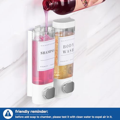 Shampoo and Conditioner Dispenser Bathroom Shower Soap Dispenser Wall Mounted Shampoo Dispenser for Shower Wall No Drill 2 * 350ml White 2 Chamber with Waterproof Labels Self - color: White 2