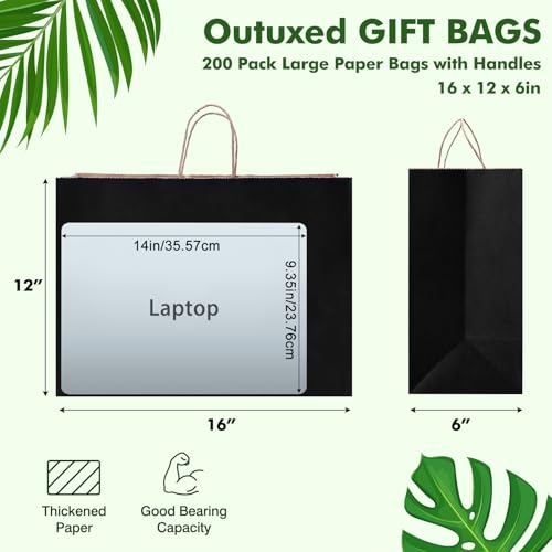 OUTUXED 200pcs 16x6x12 Inch Black Paper Bags with Handles, Large Gift Bags - color: Black, size: 1 Count (Pack of 200)