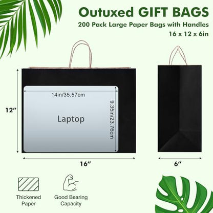 OUTUXED 200pcs 16x6x12 Inch Black Paper Bags with Handles, Large Gift Bags - color: Black, size: 1 Count (Pack of 200)