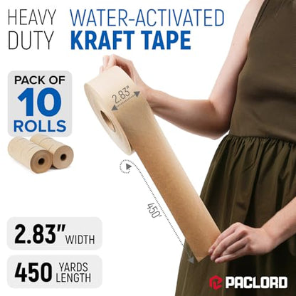 2.83" x 450' Water Activated Kraft Tape, Pack of 10 – Reinforced Gummed Paper Packing Tape for Shipping Boxes, Tamper-Proof, Eco Friendly, Strong Seal, Writeable Surface - style: Pack of 10