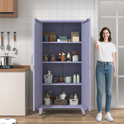61" Tall Purple Farmhouse Metal Kitchen Pantry Cabinet, Lockable Freestanding Storage Cabinet with 2 X-Shape Metal Doors & 3 Adjustable Shelves, Cupboard with Legs for Home, Bedroom, Garage, Office - color: Lilac, style: Pantry-61"H-DH