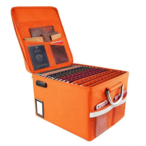 TOMKID Fireproof File Cabinet with Lock, Fireproof Document Organizer Collapsible File Box Filing Cabinet with Handle for Letter Legal Folder Certifications (Orange) - color: Orange