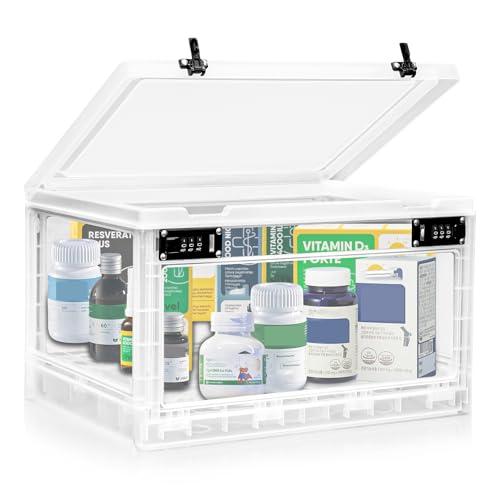 Large Medicine Lock Box with Dual 3-Digit Combination Locks, 24L Lockable Storage Box for Medication, Snacks, Phone, and Electronics - BPA-Free Organizer Bin for Home, Office, Fridge, and Safety - color: White