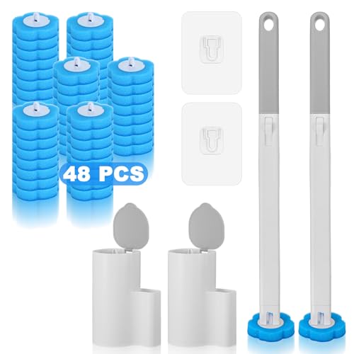 Ptwola 2 Pack Disposable Toilet Brush Holder Set Wall Mounted Extended Handle Toilet Bowl Cleaning Wand Stick Kit with 48 Refills Replacement Heads Pads for Bathroom Bathtub Deep Cleaners Maintenance