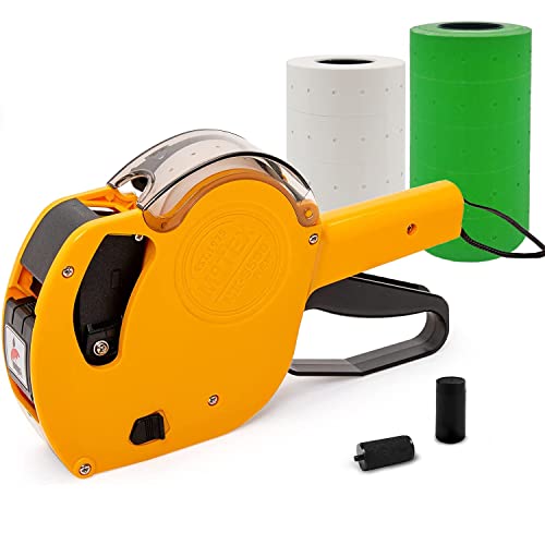 Motex Genuine MX-5500NEW 1 Line 8 Digits Price Tag Gun Kit - Includes 10,000 Blank Labels (White + Green) and 1 Pre-Loaded Inker with 1 Ink Refill - for Grocery Store, Retail, Garage Sale (Yellow) - color: Yellow Kit - 4 White + 5 Green Rolls