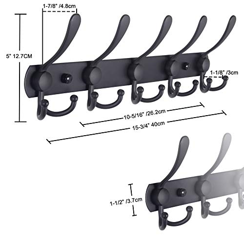 Dseap Coat Rack Wall Mounted - 5 Tri Hooks, Heavy Duty, Stainless Steel, Metal Coat Hook Rail for Coat Hat Towel Purse Robes Mudroom Bathroom Entryway (Black, 2 Packs) - color: Black, size: L=16" (2 Pcs)