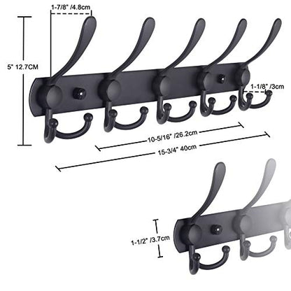 Dseap Coat Rack Wall Mounted - 5 Tri Hooks, Heavy Duty, Stainless Steel, Metal Coat Hook Rail for Coat Hat Towel Purse Robes Mudroom Bathroom Entryway (Black, 2 Packs) - color: Black, size: L=16" (2 Pcs)