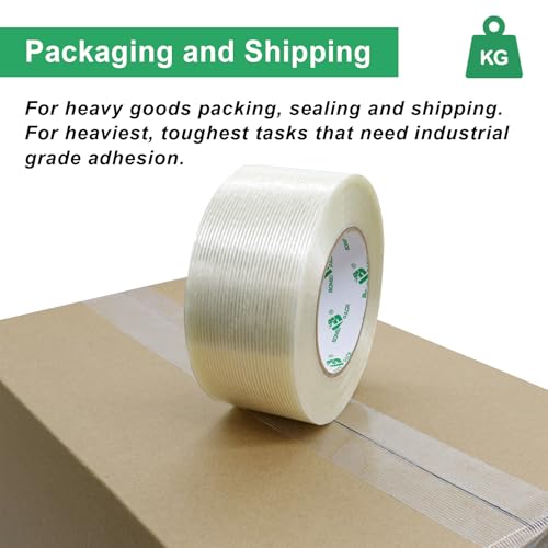 BOMEI PACK Filament Strapping Tape, 5.3 Mil 2 Inch x 60 Yards, Heavy Duty Reinforced Fiberglass Packing Tape, 2 Pack - size: 50mm x 60y/2rolls