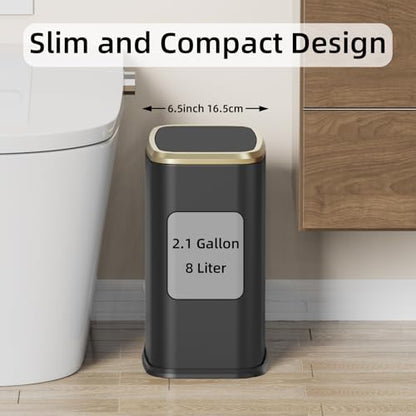 8L/2.1 Gallon Small Bathroom Trash Can with Lid, Swing-Top Rectangular Waste Bin, Stainless Steel Garbage Can for Home, Office, Toilet, Bedroom, Living-Room (Black) - color: Black