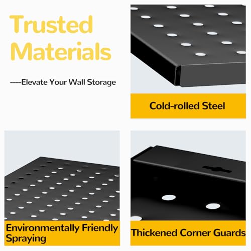 Peg Board, 4-pcs 16" x 12" Metal Pegboard Panels with 70 Hooks, Tool Organizer for Garage, Craft Room, Black