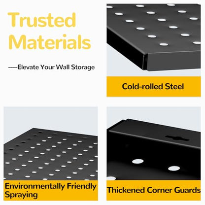 Peg Board, 4-pcs 16" x 12" Metal Pegboard Panels with 70 Hooks, Tool Organizer for Garage, Craft Room, Black