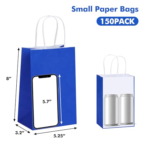 OUTUXED 150pcs Blue Paper Bags with Handles, 5.25x3.2x8in Small Gift Bags - color: Blue 5.25x3.2x8in, size: 1 Count (Pack of 150)