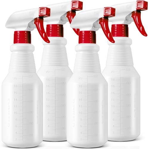 Plastic Spray Bottles 4 Pack, 24 Oz, Mist & Stream, Heavy Duty HDPE Sprayer Bottle, Leak Proof Empty Spraying Water Bottle for Cleaning Solutions, Planting, Car Detail, Pet Training with Measurement