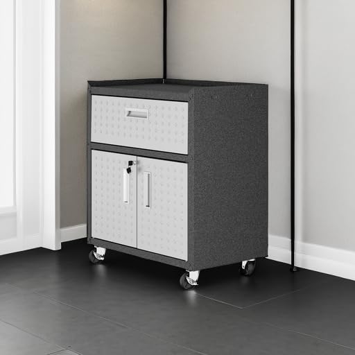 Manhattan Comfort Fortress Textured Metal 31.5" Garage Mobile Cabinet with 1 Full Extension Drawer and 2 Adjustable Shelves, Black/Gray - color: Black/Grey, style: Storage Cabinet