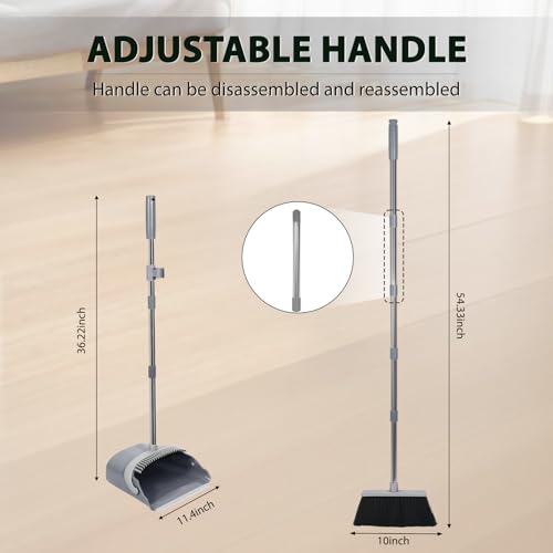 YZO Broom and Dustpan Set, 54.33 Inch Long Handle Standing Design, Dustpan Front Rubber Tight Seal, Broom with 5 Layer Bristles, Suitable for Bedroom, Yard, Office and Apartment(Gray&Black) - color: Gray&black