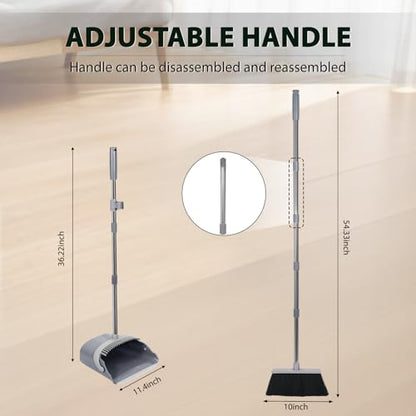YZO Broom and Dustpan Set, 54.33 Inch Long Handle Standing Design, Dustpan Front Rubber Tight Seal, Broom with 5 Layer Bristles, Suitable for Bedroom, Yard, Office and Apartment(Gray&Black) - color: Gray&black