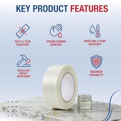 Filament Tape Bi-Directional Cross Weave, Fiberglass Reinforced Strapping Tape, Heavy Duty Industrial Packing & Palletizing, Strong Adhesive Shipping Tape 3" x 60 Yards, 2 Rolls
