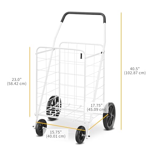 Whitmor Deluxe Utility Foldable Shopping Cart with Wheels, 100 Lb Capacity, Heavy Duty Grocery Cart with Steel Frame, Foam Handle, Rolling Folding Utility Trolley for Grocery, Laundry, Travel, White - size: 15.75"L x 17.75"W x 40.5"H, White