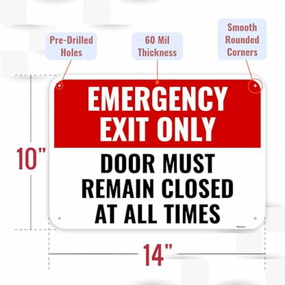 2PC Emergency Exit Only Sign, 14 x 10 Inches - Aluminum - Door Must Remain Closed At All Times - color: Emergency Exit Only Sign