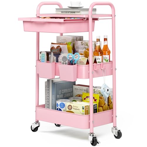 KINGRACK 3 Tier Metal Rolling Cart with Drawer, Pink Utility Storage Cart - color: Pink