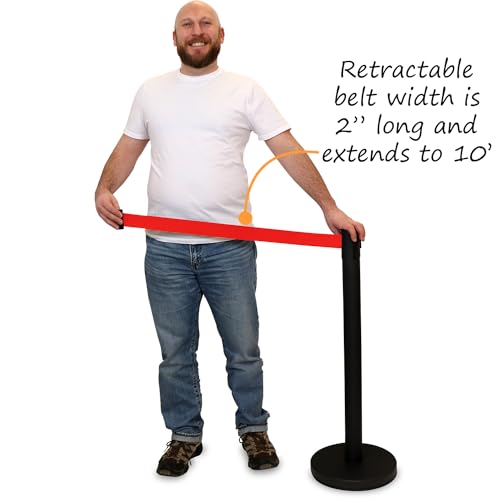 Smartign 2-Pack Retractable Belt Stanchion with 10ft Red Belt, 36 inch Tall Crowd Control Barricade Post with 20 lbs Concrete Base, 4-Way Connectivity, Powder-Coated Steel, Black, Made in USA
