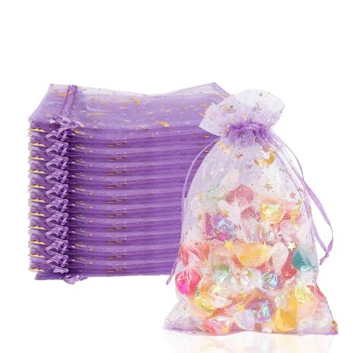 Moon Star Organza Bags 4x6 Small Mesh Bag Drawstring 50 Pcs Mesh Gift Bags Drawstring Pouch Wedding Favor Bags Jewelry Pouches Bulk Gift Pouch for Candy Soaps Birthday Festival Party Supplies, Purple - color: Purple