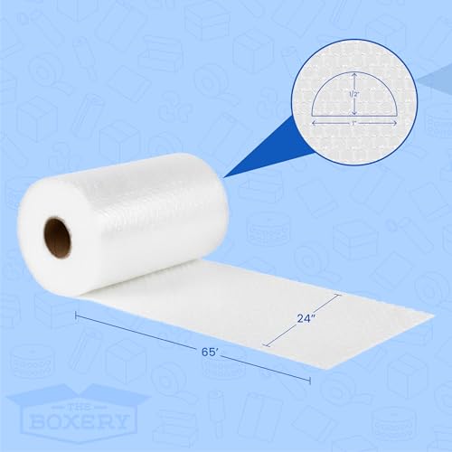 The Boxery 24 in x 65 ft Bubble Roll, Large Bubble 1/2 in Clear Cushioning Wrap, Perforated for Packing Moving Shipping Supplies - size: 24 in x 65 ft