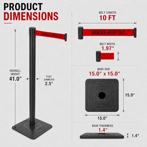 4-Pack Black Crowd Control Stanchions with 10FT Red Retractable "Danger Keep Out Belt", Heavy Duty Safety Barrier Posts for Construction, Warehouses & Events - color: Danger Keep Out Belt, size: Rectangular Base