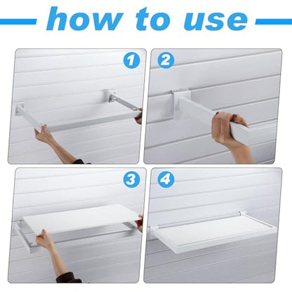 Blulu 2 Pack Slatwall Shelf, 23. 6x11. 8 Inch Wooden Wall Shelves with Metal Rectangular Tubing U Shaped Hanger Slatwall Shelving Organizer Accessories for Home Retail Display (White) - color: White