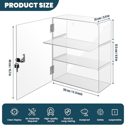 Locking Display Case, Acrylic Display Case with Lock Key, Clear Countertop Display case with Shelves(11.8x5.9x15.7 inch, 4.9‑11in Adjustable Shelf Clearance) - size: Adjustable 4.9‑11in Shelf Clearance