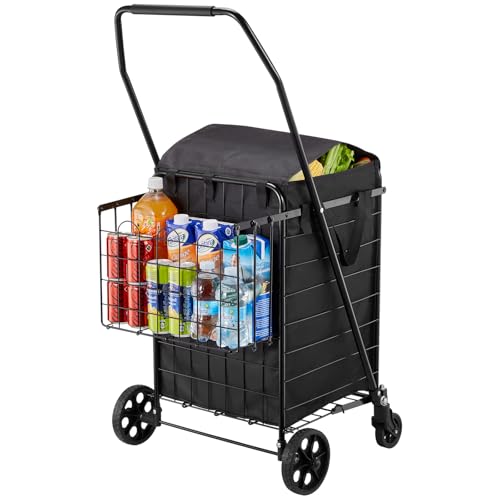 VEVOR Shopping Cart, Folding Grocery Utility Cart with Dual Baskets, Waterproof Liner & Wheels, 100 LBS Large Load Capacity, Heavy Duty Laundry Basket for Laundry, Shopping, Camping, Grocery, Luggage - size: Medium