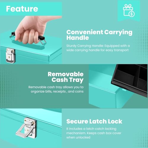 Flexzion Cash Box with Money Tray, Latch Lock, 11 x 7.7 x 3.5 Inch, Blue - color: Blue