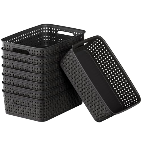 FUCDTEFC Black Plastic Basket, 8 Pack Home Organization and Storage Baskets with Handles, Space Saving Woven Organizer Bins Plastic Storage Basket for Organizing Cabinets,Closets, Shelves, Countertops - color: 8 Pack Large Black