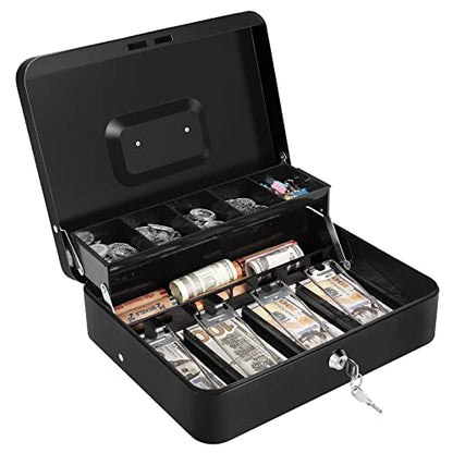 Sumerfnt Cash Box with Money Tray and Lock Money Box for Cash, Metal Locking Cash Box - 11.8" x 9.4" x 3.54" Black - color: Black